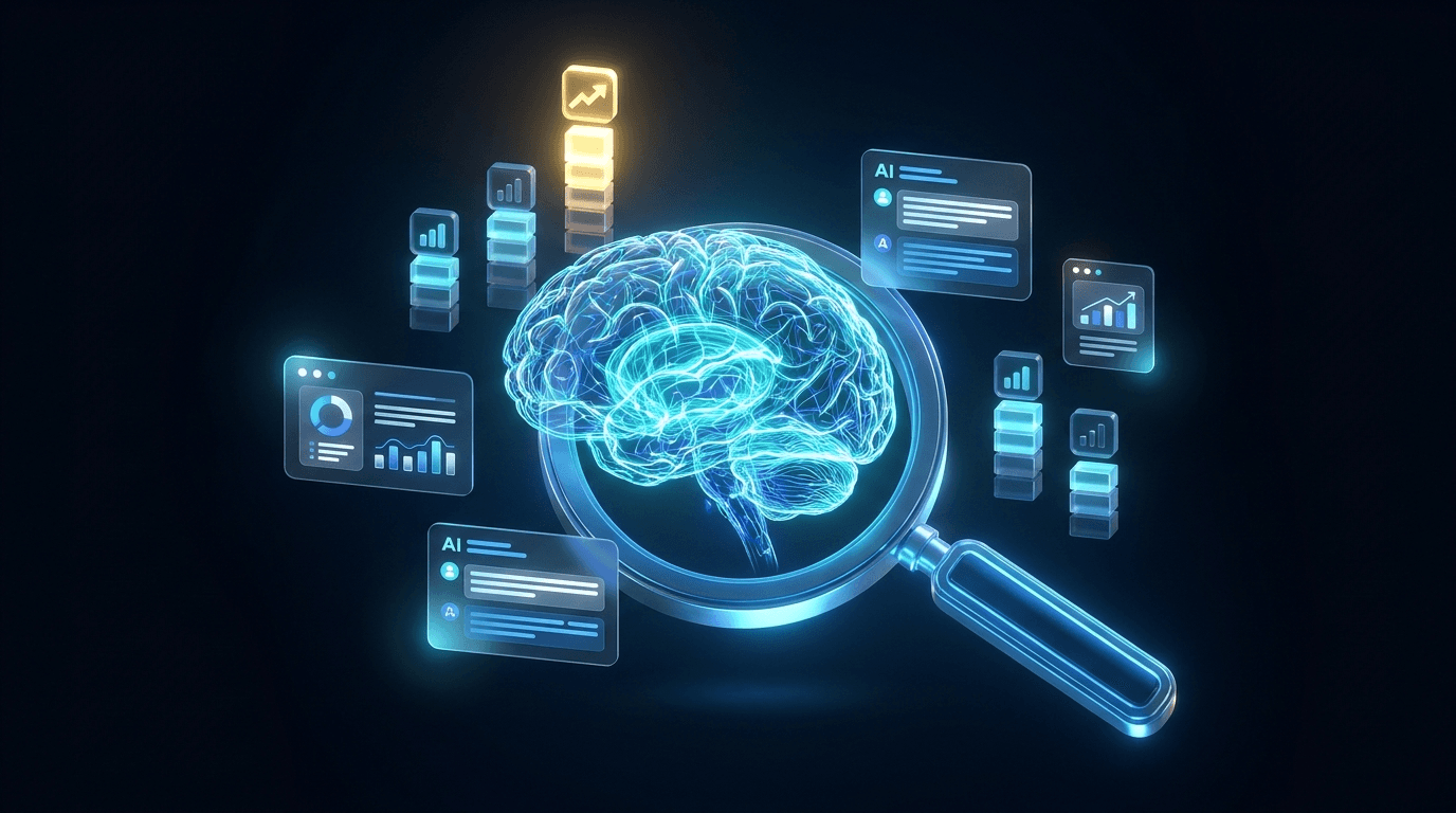 AI SEO: neural network merging into a search lens with AI answer cards and rising rankings