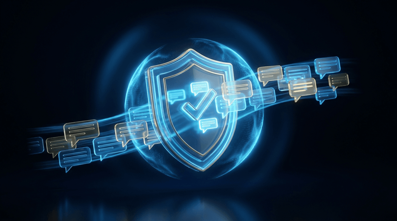 Shield with checkmark protecting a stream of SMS messages: A2P 10DLC compliance