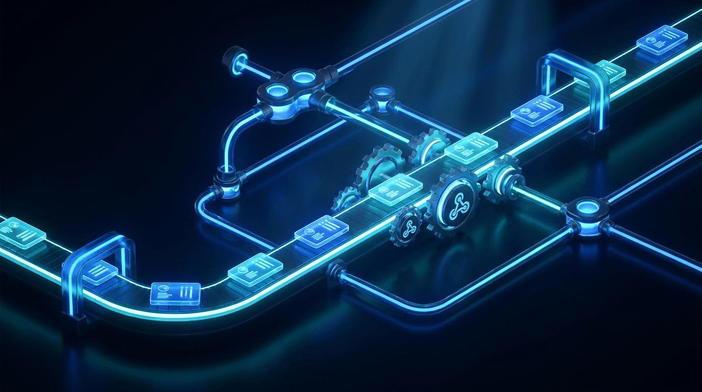 Glowing automation pipeline of connected workflow nodes passing leads along