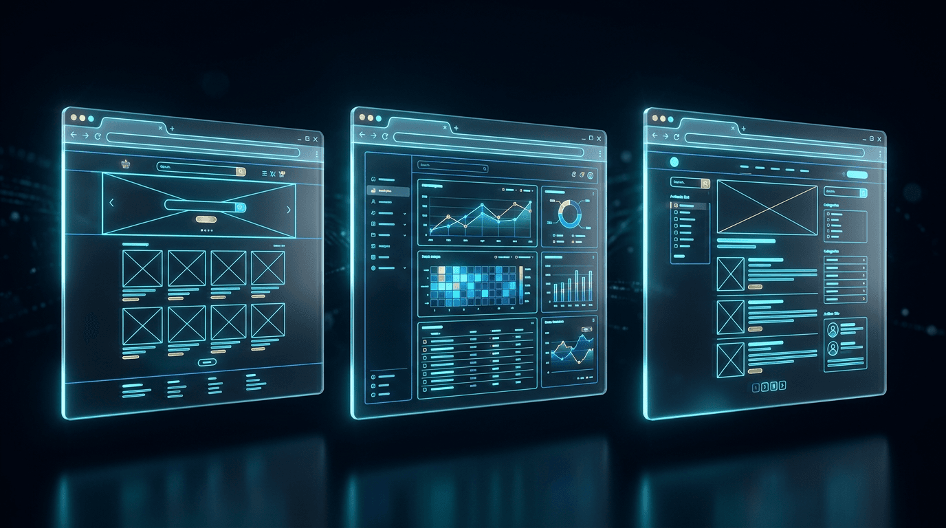 Three website platforms compared side by side in floating browser windows
